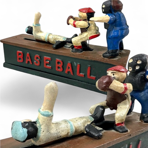 Vintage Cast Iron Baseball Mechanical Coin Bank Sliding Player Catcher Umpire - Picture 1 of 14